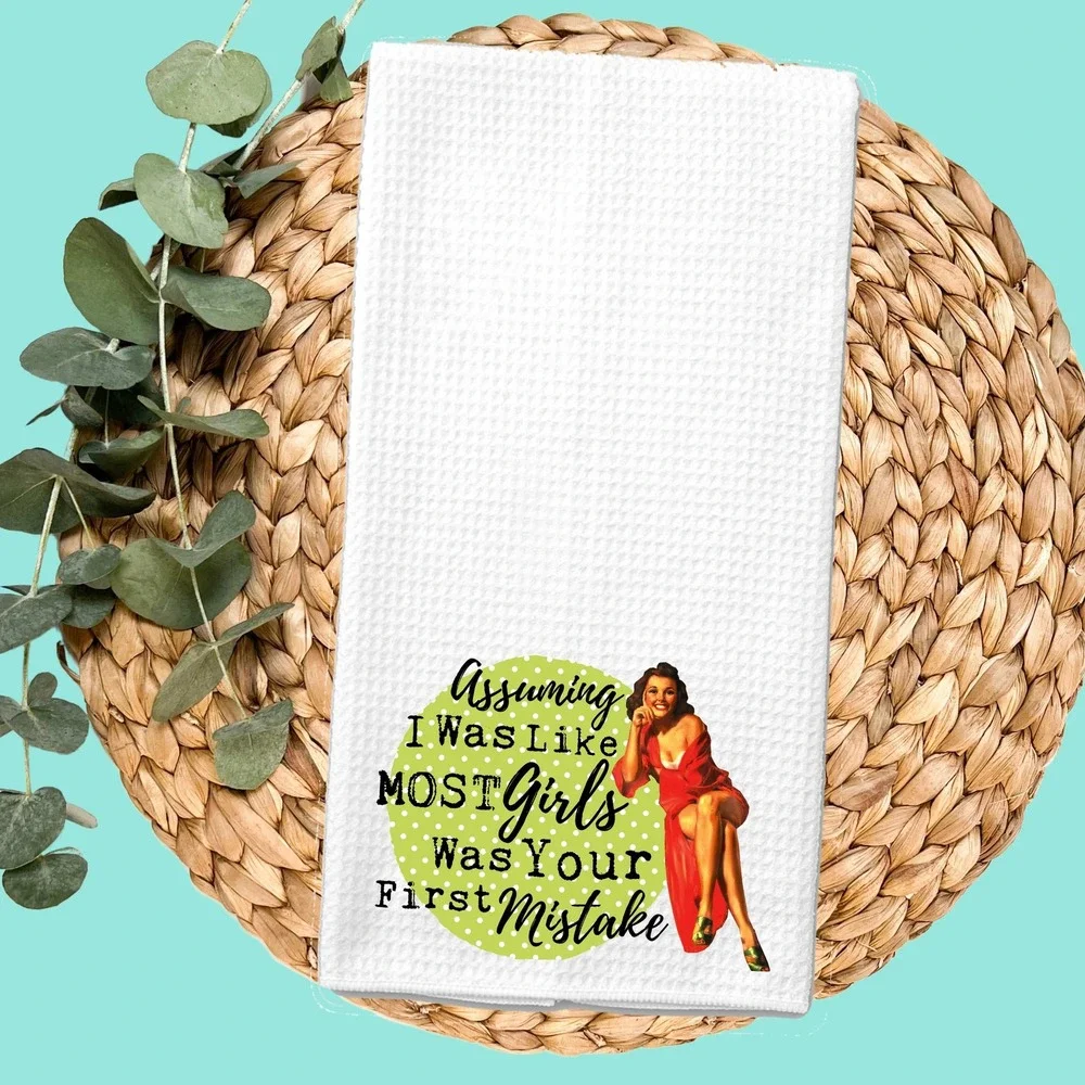 Retro Pinup Girl Waffle Weave Kitchen Towel Sassy Sarcastic Quote White 16x24